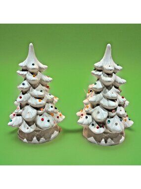 Vintage Handmade Ceramic 9" Lighted Christmas Trees Set of 2 White Holiday READ